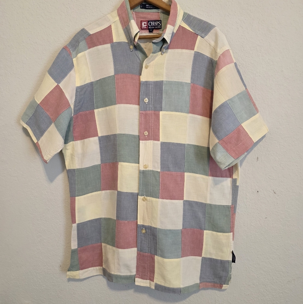 VTG Chaps Ralph Lauren Shirt Patchwork Cotton Short Sleeve Preppy Men's Medium